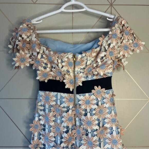 Self-Portrait 3D Floral Guipure Lace Off-Shoulder Midi Dress Pink Blue - Picture 4 of 11